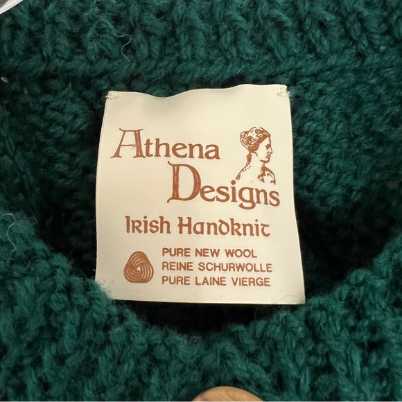 Athena Designs Handknit Pure Wool Cable Knit Pom Pom Cardigan Sweater Green NWT - Picture 11 of 15